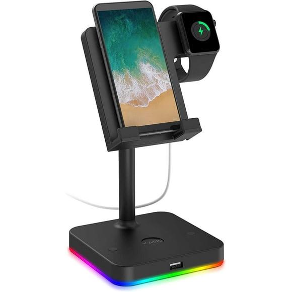 Cell Phone Stand for Desk with USB Port, Apple Watch Charger Stand 2 in 1 Desktop Holder Dock Compatible with iWatch Series 6/5/4/3/2/1, iPhone 12 pro/X/X Max/8, iPad Mini, Tablet, All Phones