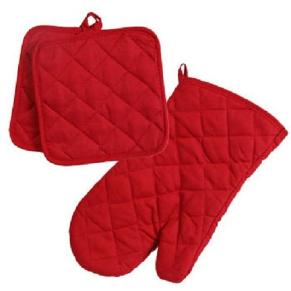 Home Collection Red 3pc Set Oven Mitt & Potholders C9