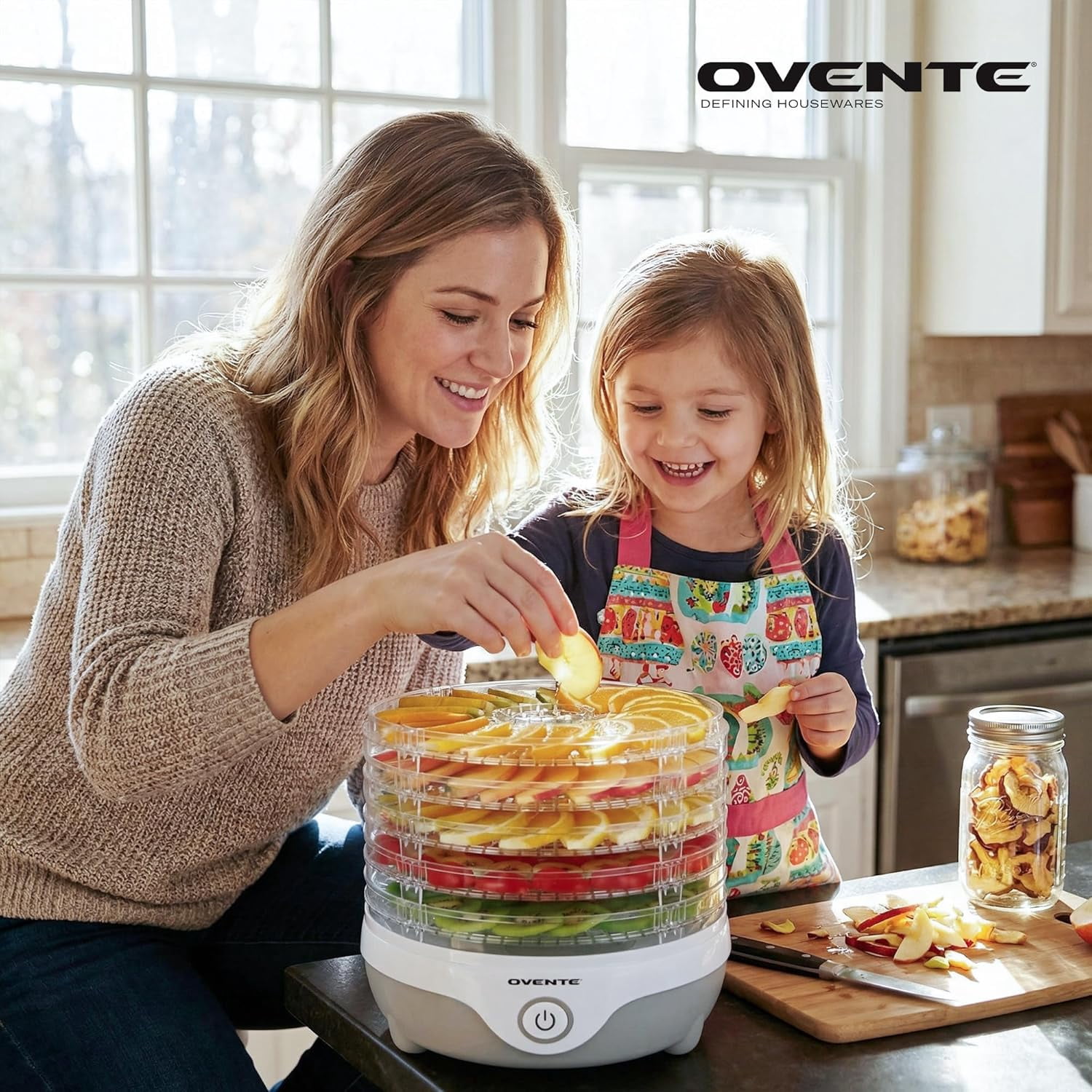 OVENTE Food Dehydrator Machine with 5 Stackable Clear Trays and Drying Space, 240W Electric Food Preserver and Dryer for Snacks, Beef Jerky, Fruits, Veggies, Yogurt and Herbs, Grey DF215GY