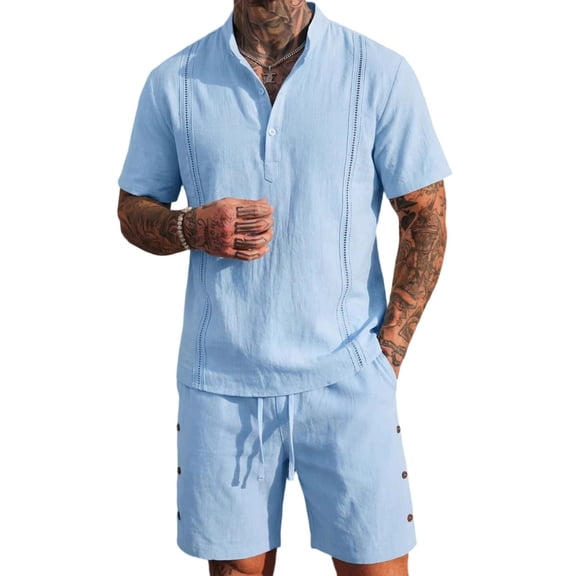 Mens 2 Piece Linen Sets Casual Henley Shirts Board Shorts Short Sleeve Summer Beach Outfits Lounge Wear Sky Blue, 3XL
