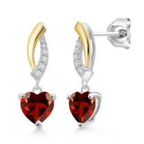 Gem Stone King 925 Silver and 10K Yellow Gold Red Garnet and White Lab Grown Diamond Dangle Earrings for Women (2.07 Cttw, Gemstone Birthstone, Heart Shape 6MM)