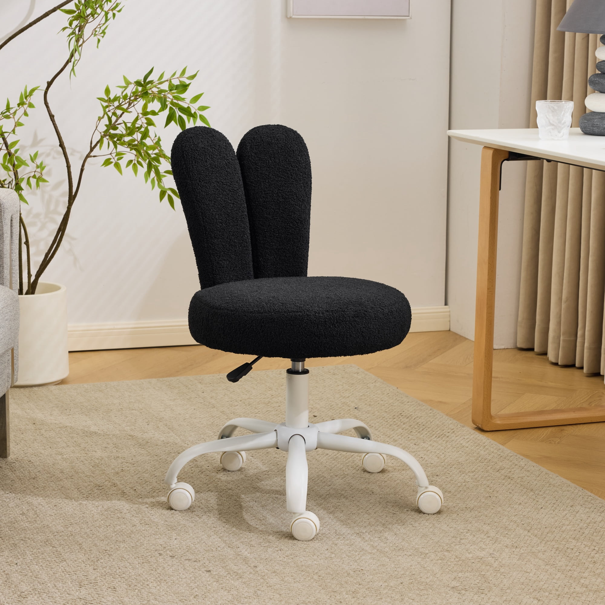 Ktaxon Teddy Fleece Office Chair, Rabbit Ear Backrest Vanity Chair, Adjustable Swivel Reading Chair for Home Office Black