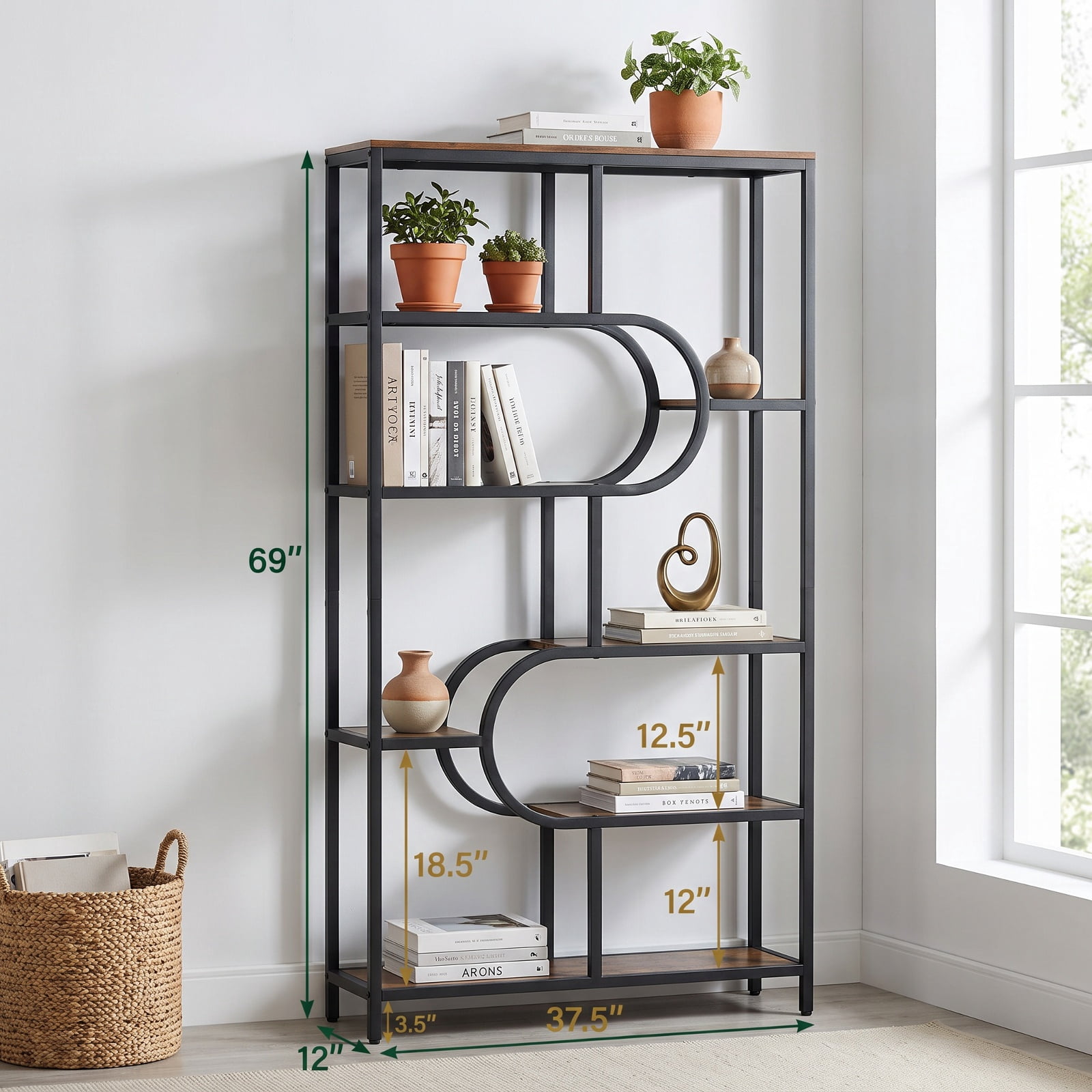Furnibear 5-Tier Bookshelf Tall Etagere Bookcase with Open Storage Shelves and U Shape for Living Room Home Office Bedroom Display, Rustic Brown