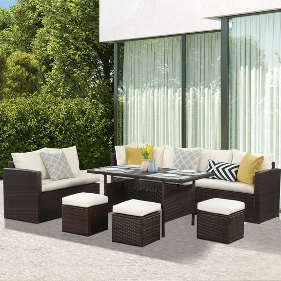 SUNVIVI Outdoor Conversation Set All Weather Wicker Sectional Sofa Set Dining Table Chair and Ottoman,Steel Frame