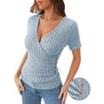 thumbnail image 2 of MOYIKO Flattering Fit T-shirt for Women V Neck Ribbed Summer Tops Casual Work Solid Blouse Light Blue Tee XL, 2 of 7