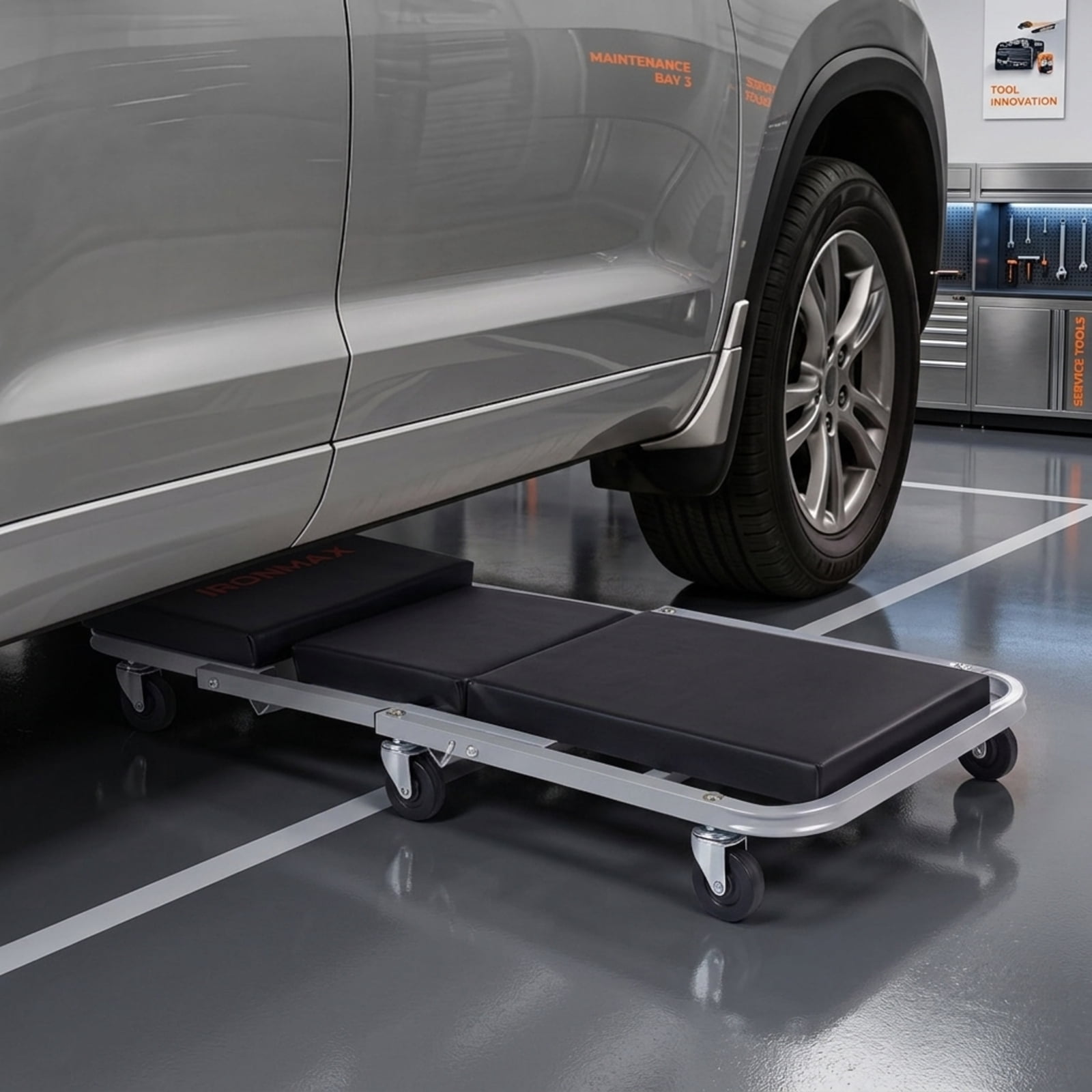 Biotree 36" 2-in-1 Mechanic Creeper and Z-Seat 330 LBS, Rolling Auto Repair Creeper with 6 Swivel Casters and Faux Leather Padding, Black and Gray