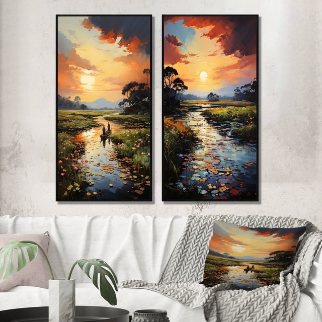 Designart "Coucher de Soleil sur une Rivière du Vietnam Delta II" Art Mural Encadré Vietnamien Ensemble de 2 - Ensemble de Cadres Muraux de Galerie de Paysages Rouges pour Décoration Intérieure