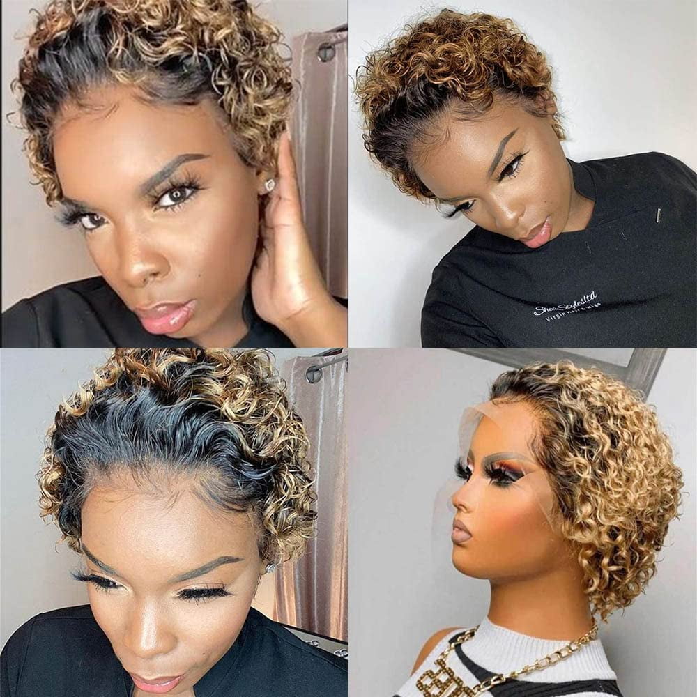 Pixie Cut Wig 13x1 Lace Front Wigs Short Curly Human Hair Wig Pixie Wigs for Women 1B/T27