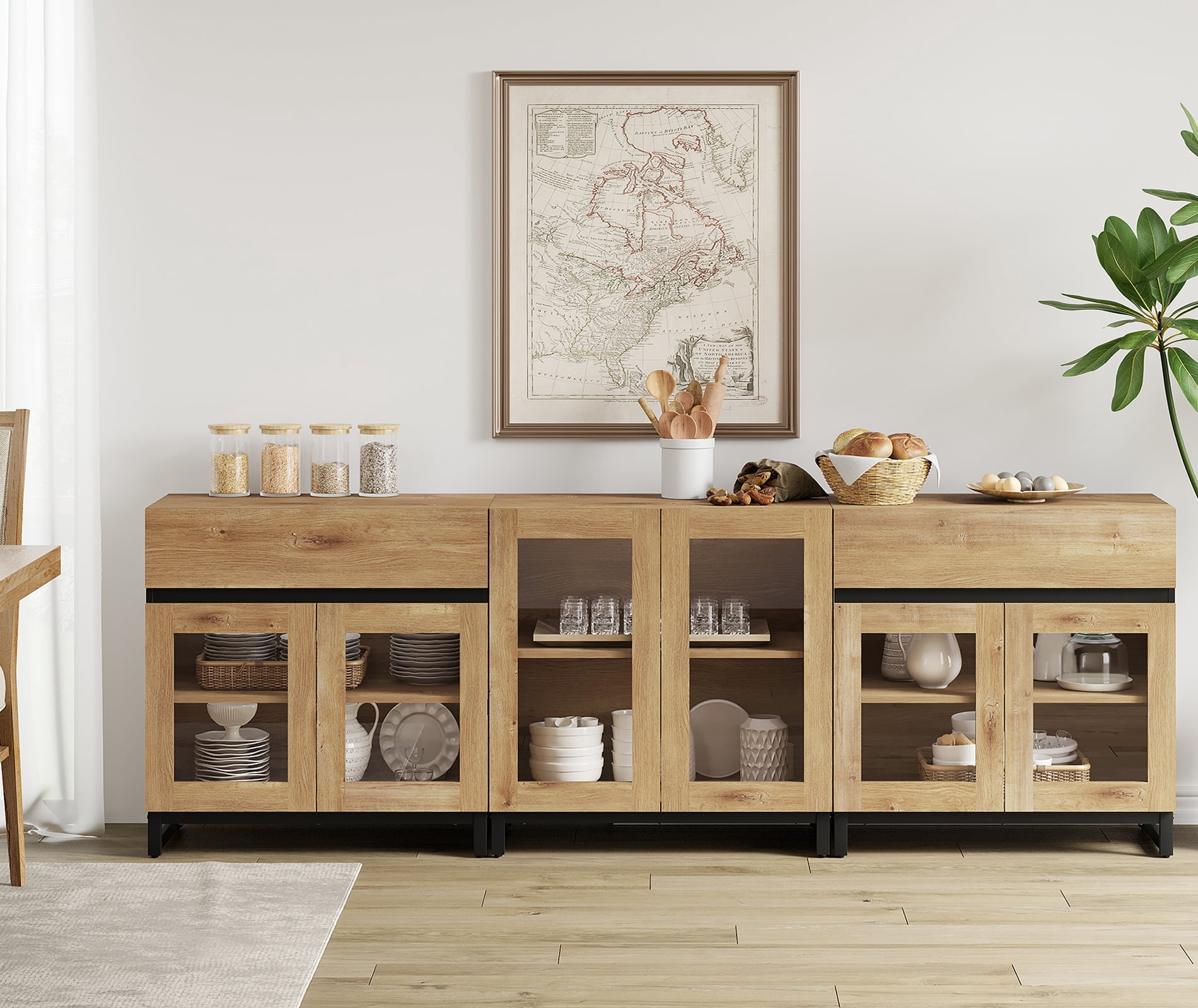 WAMPAT Storage Cabinet with Glass Doors, 3 in 1 Modern Sideboard with Adjustable Shelves and 2 Drawers, Coffee Bar Cabinet for Living Room, Kitchen, Oak