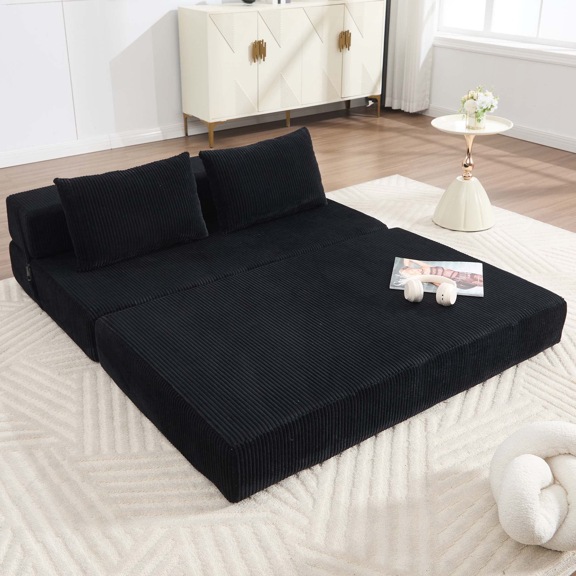 Miniyam Black Heavy-Duty Sofa Bed, 55"x80" Ergonomic Sleeper Chair for Office, Converts from 33"W Seat to Guest Bed, Durable Foldable Design