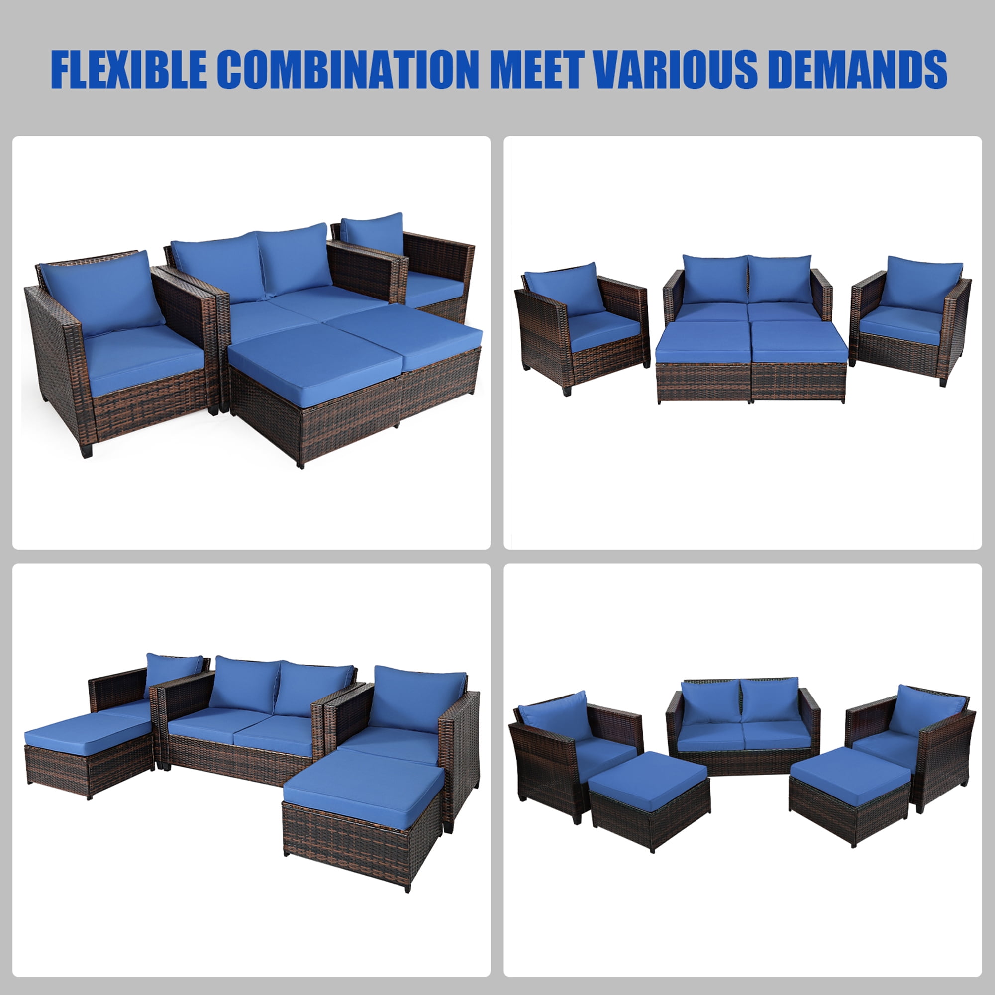 Gymax 5PCS Outdoor Patio Rattan Conversation Sofa Furniture Set w/ Navy Cushions
