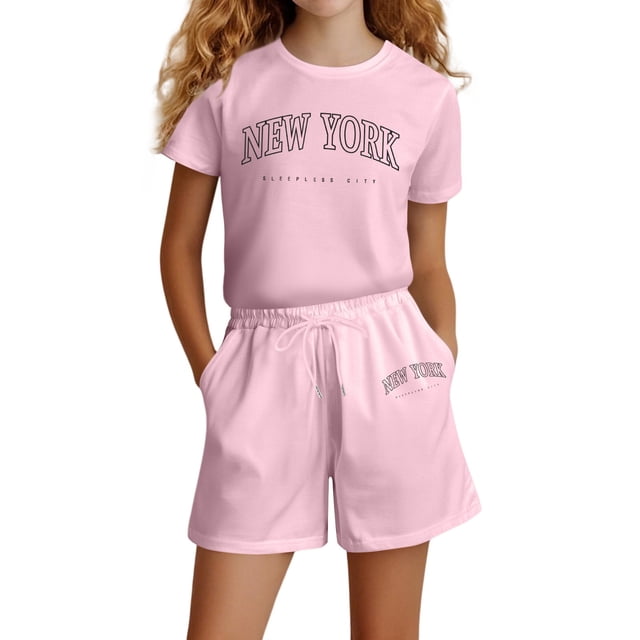 Hiiyo Girls Letter Print Short Sleeve Crew Neck T-Shirt Shorts Set 2Pcs Summer Outfits