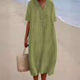 thumbnail image 3 of Vestido de mujer de algodón y lino de color liso con escote en V grande y moderno, 3 of 6