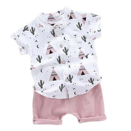 

Journey Boys Set Short-Sleeved Stand-Up Collar Shirt 2 Pieces Printed Kids Clothing(Pink 110cm)