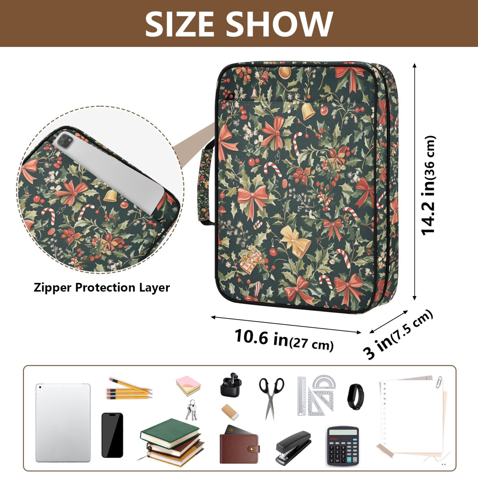 FORMRS Accordion File Folder A4 Size 7-Pocket Expanding Document Organizer Bag with 3 Ring Binder, Christmas Bows