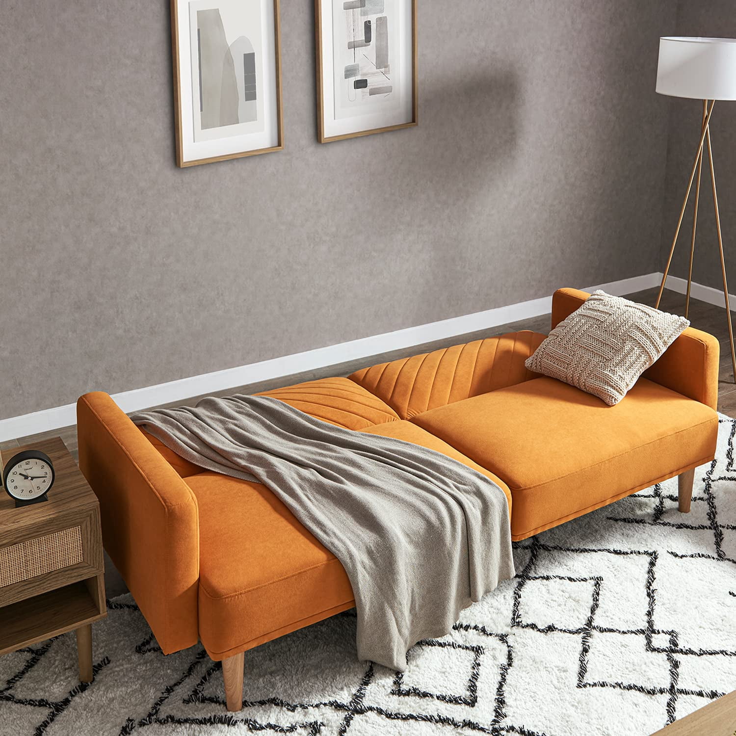 Mopio Chloe Futon Sofa Bed Convertible Sleeper Sofa with Tapered Legs Apricot Velvet