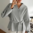 thumbnail image 2 of WTOBBY Women's Casual V-Neck Long Sleeve Coat with Strapped Detail, Fashion Solid Color Blazer Style Jacket, Versatile Outerwear for Office or Daily Use,Gray L, 2 of 4