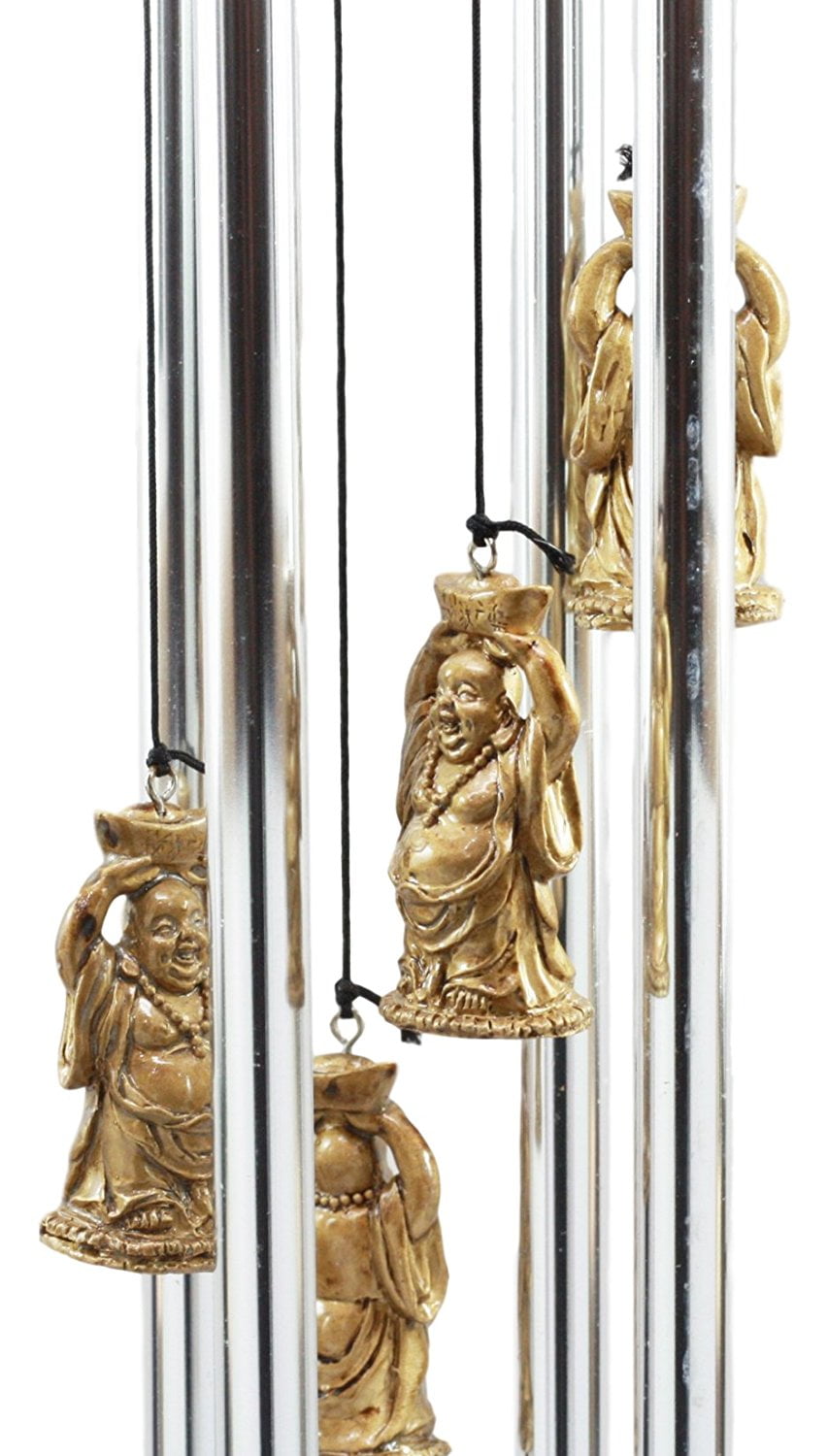 Ebros Feng Shui Lucky Buddha With Golden Nugget Wind Chime 23" Long Resin Crown With Aluminum Rods Fortune Buddha Hotei Wind Chime Home Patio Garden Decor