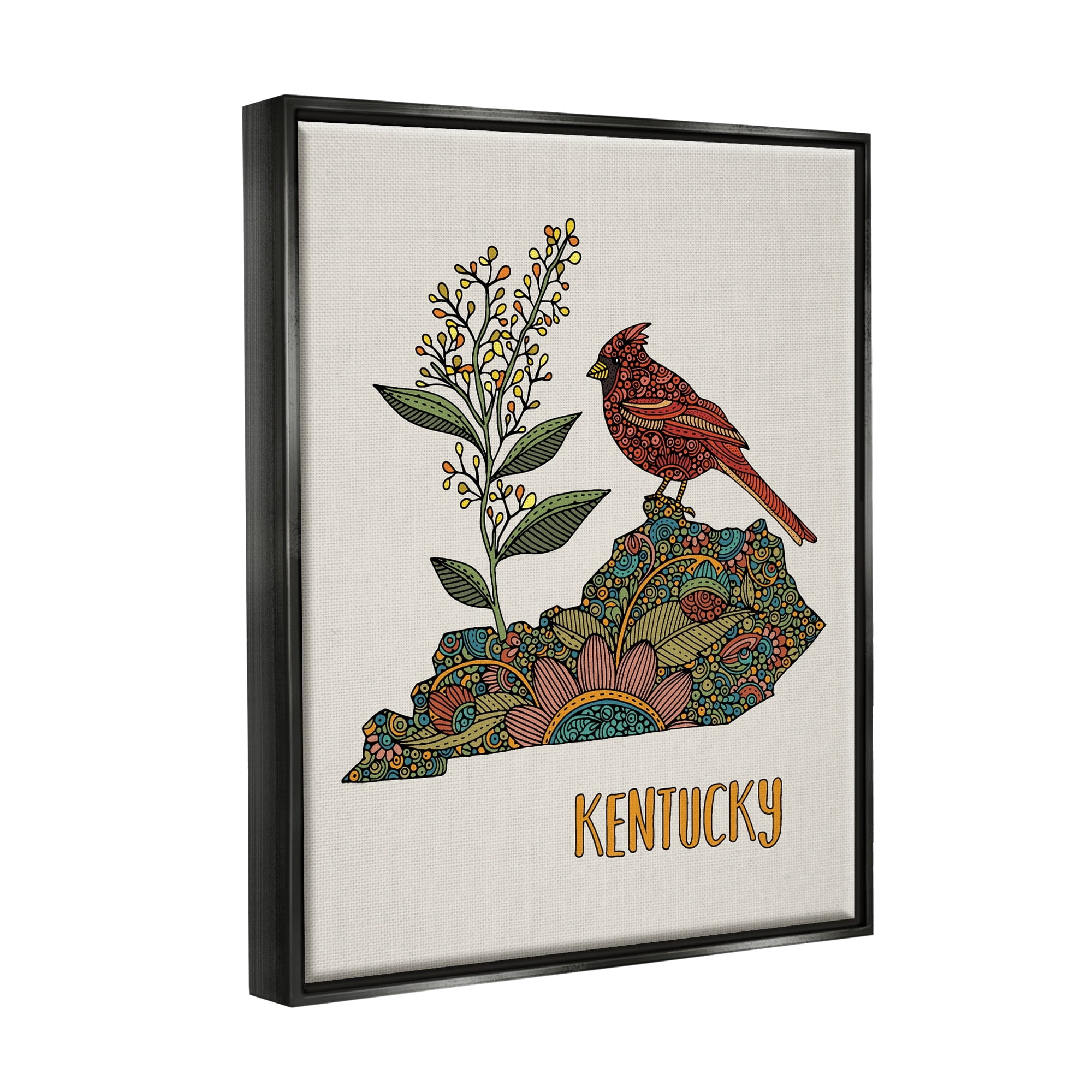 Stupell Industries Kentucky State Cardinal Blooming Goldenrod Flower Pattern Graphic Art Jet Black Floating Framed Canvas Print Wall Art, Design by Valentina Harper