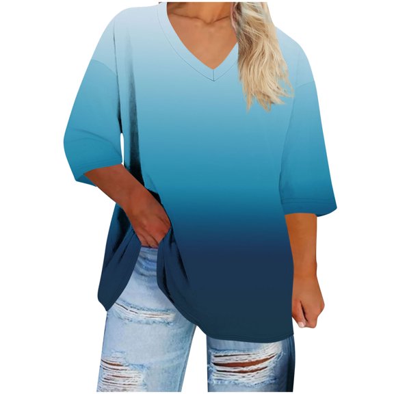 FDGIU Women's Plus Size Classic Solid Tunic - 3/4 Sleeve V Neck Casual Shirt