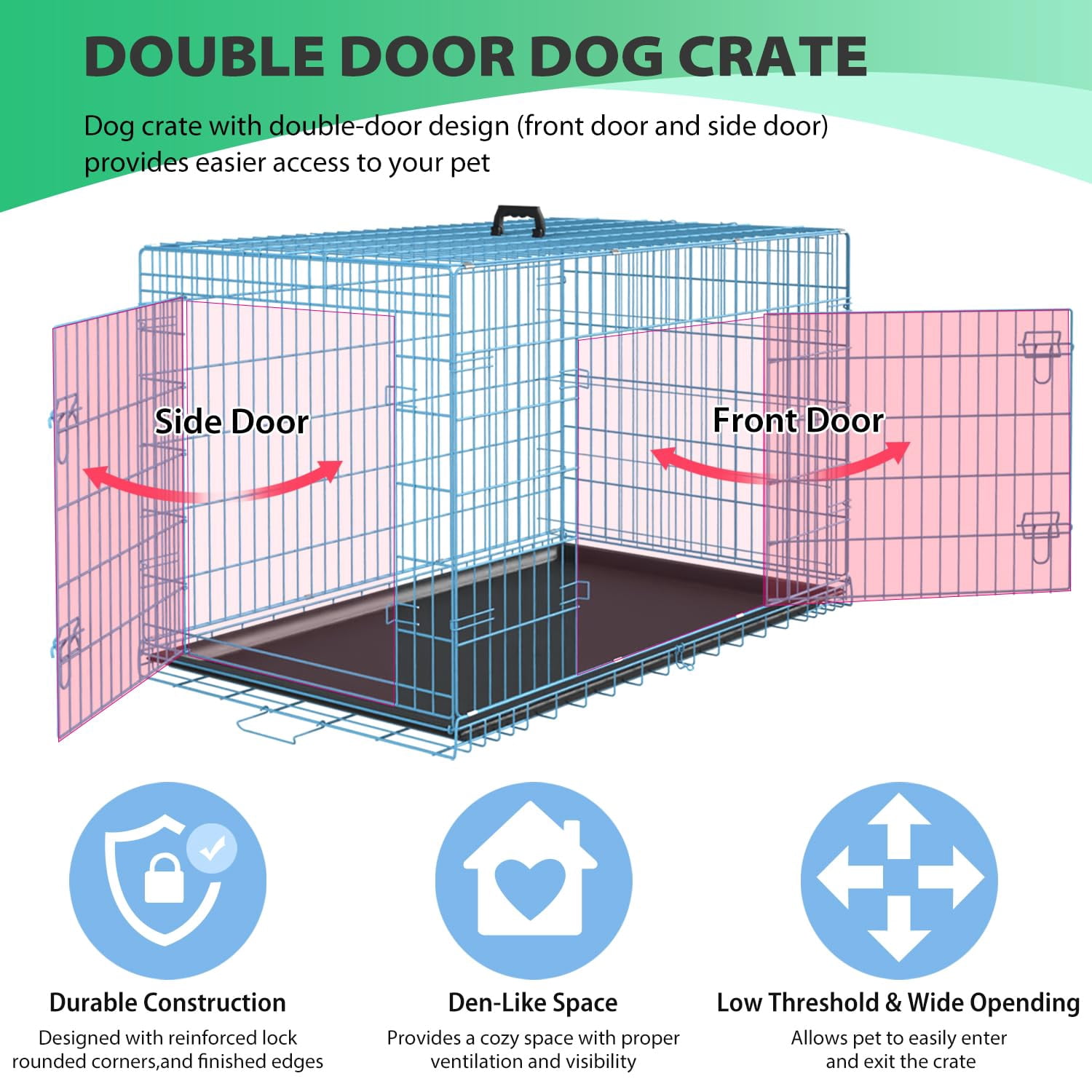 XF XINFENG 24 Inch Dog Crates for small dogs Folding Metal Kennel with Double Doors Leakproof Tray Portable Dog Cage for Travel, Indoor & Outdoor Use Blue