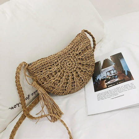 Women Semicircular Fashion Handwoven Retro Rattan Straw Beach Bag Crossbody