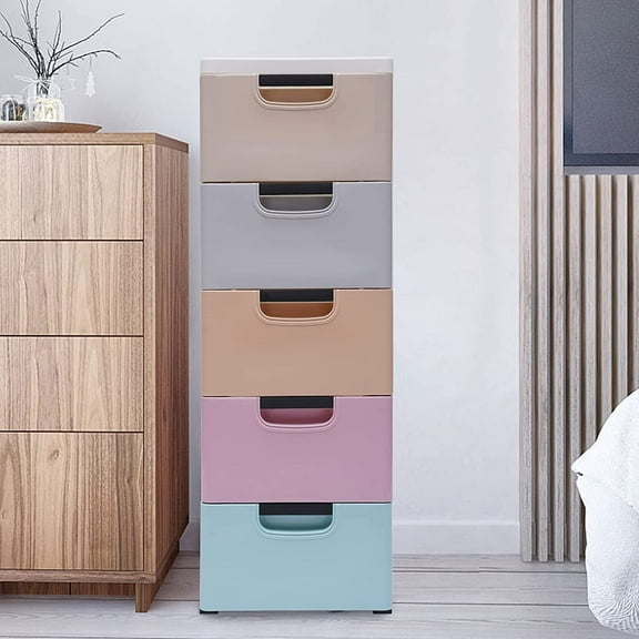 Plastic Drawers Dresser with 5 Drawers, Plastic Tower Closet Organizer with Wheels Suitable for Apartments Condos And Dorm Rooms (Colorful)