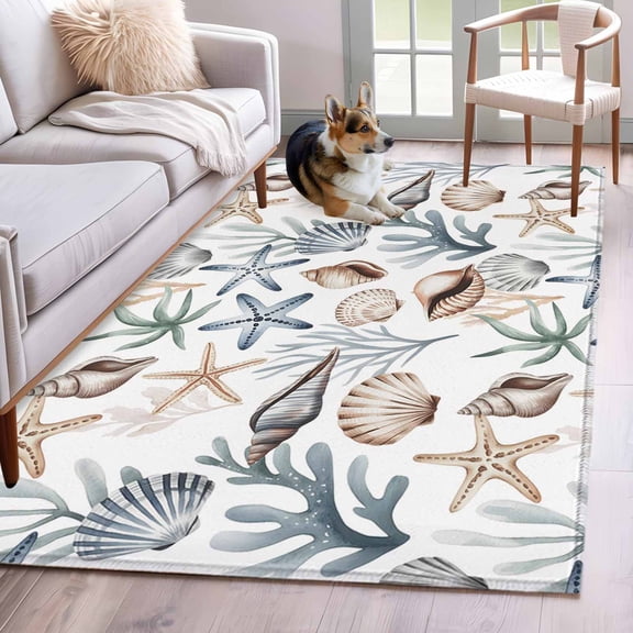 Sea Coral Shells Starfish Area Rugs 4'x6', Washable Small Throw Rugs for Office Bathroom, Summer Nautical Coastal Watercolor Indoor Outdoor Rug Non-Slip Low Pile Carpet Runner Reversible Floor Mats