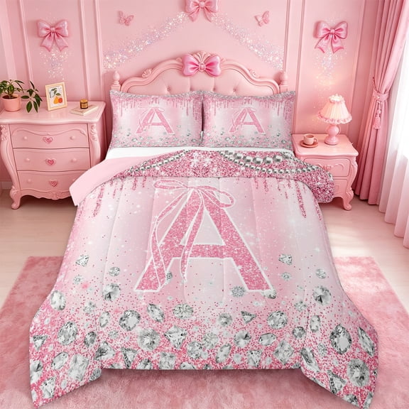 Homewish Monogrammed A Theme Bedding Comforter Set,Cartoon Stereoscopic Diamond Twin Comforter Sets,Pink Sparking Print Bedding Set For Girl Teens,Ultra Soft Bedroom Decor Reversible,2 Pieces