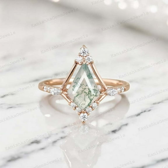 KANISHKAGEMS&JEWELS 2Ct 9x7mm / Natural Moss Agate Engagement Ring CZ Diamond Proposal Ring Unique Alternative Fine Jewelry Proposal Gift For Lover