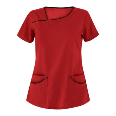 

CZHJS Scrubs_Tops Nursing Shirts Working Wear Uniforms Shirt Short Sleeve Tees V-Neck Tops Summer Tunic Loose Fitting Women T-Shirts Casual Elegant Dressy Solid Color Red S