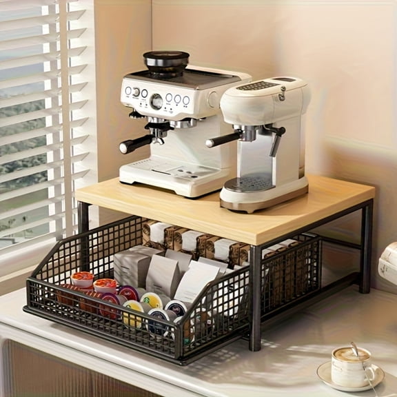 Kitchen Counter Organizer with Drawer & Metal Basket, 2 Tier Microwave Stand Coffee Station Organizer, Wood & Metal Storage Rack for Spices, Utensils & Appliances, Black/White