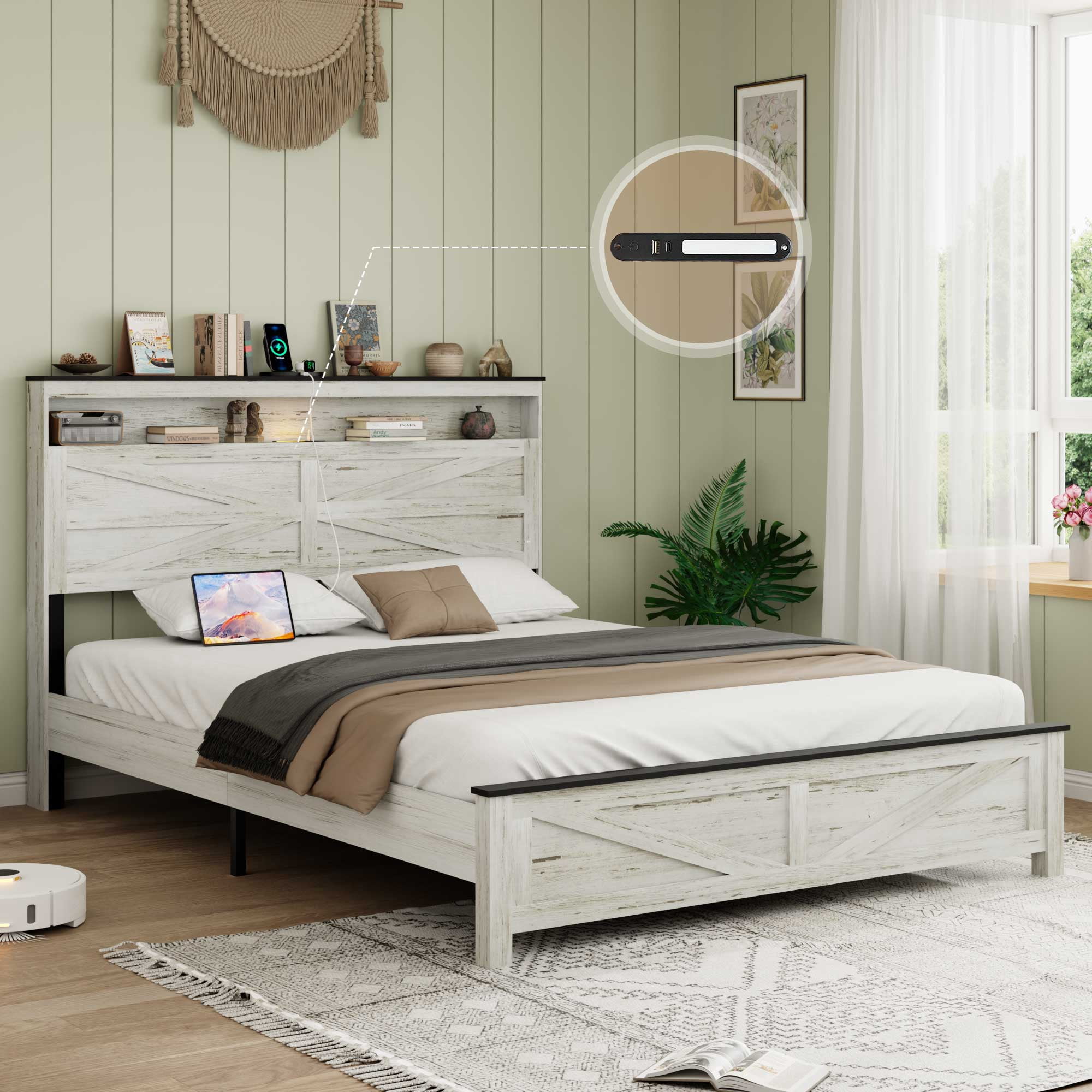Gewnee Queen Size Bed Frame with Charging Station – 2 USB & 1 Type-C Ports,LED Light Headboard,Hidden Under-Bed Storage,No Box Spring Required,Antique White+Gray.