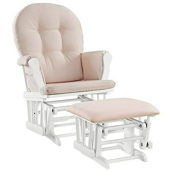 HomeStock Mountain Majesty Glider and Ottoman Set, Soft Padded Arms, Smooth Swaying Motion, Storage Pockets, White Finish with Pink Cushions