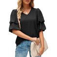 thumbnail image 1 of Blusa de manga corta con volantes para mujer, cuello en V, manga abombada, blusa lisa, Tops holgados para citas en el trabajo, 1 of 6
