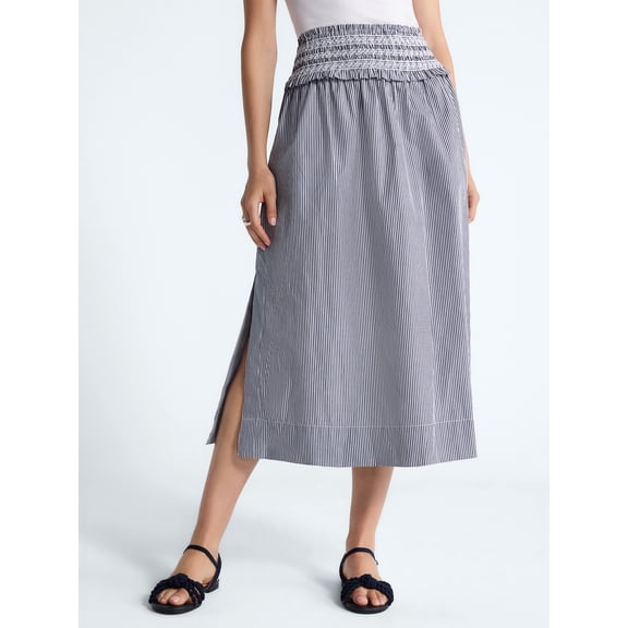 Free Assembly Women's and Women's Plus Striped Cotton Maxi Skirt with Smocked Waist, Sizes XS-XL
