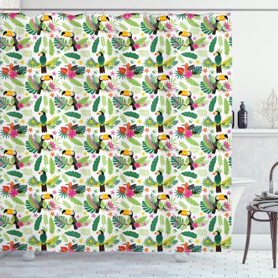 Parrot Shower Curtain, Tropical Island Jungle with Flora and Fauna Birds Toucan with Green Leaves Flowers, Fabric Bathroom Set with Hooks, 69W X 84L Inches Extra Long, Multicolor, by Ambesonne