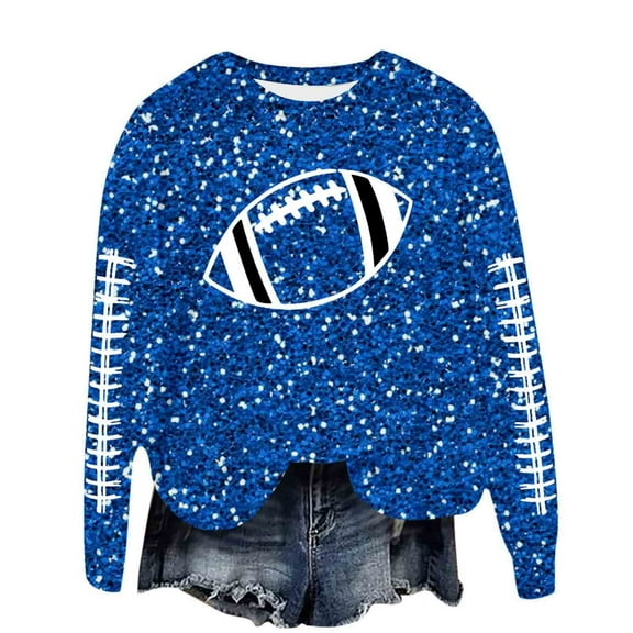 Fshinging Women's Football Sweatshirt Game Day Glitter Sequin Print Long Sleeve Crew Neck Sunday Graphic Pullover Y2K Rugby Clothes