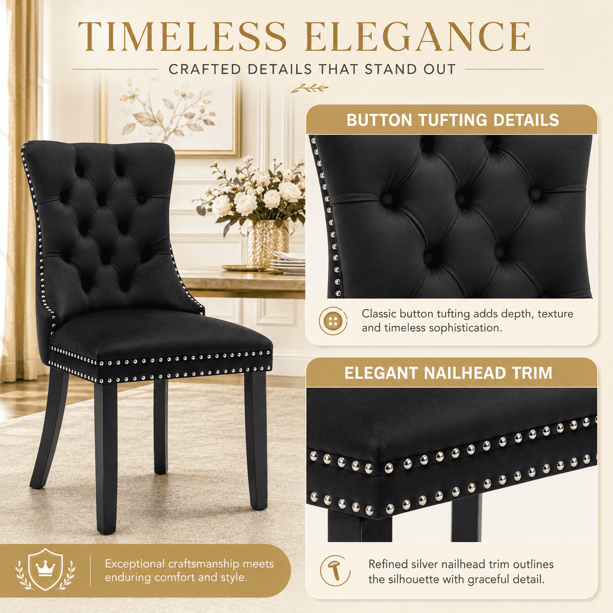 LegaHome Dining Chairs Set of 2, Velvet Upholstered Dining Chair with Nailhead Trim&Solid Wood Legs, Button Padded Dining Chairs Set for Kitchen Dining Room Living Room, Black