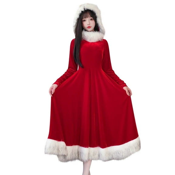 Christmas Dress for Women - Womens Holiday Dress, Ladies Cute Christmas Hooded Dress Long Sleeve Dresses Solid Color Tunic Dress Long Pleated Dresses