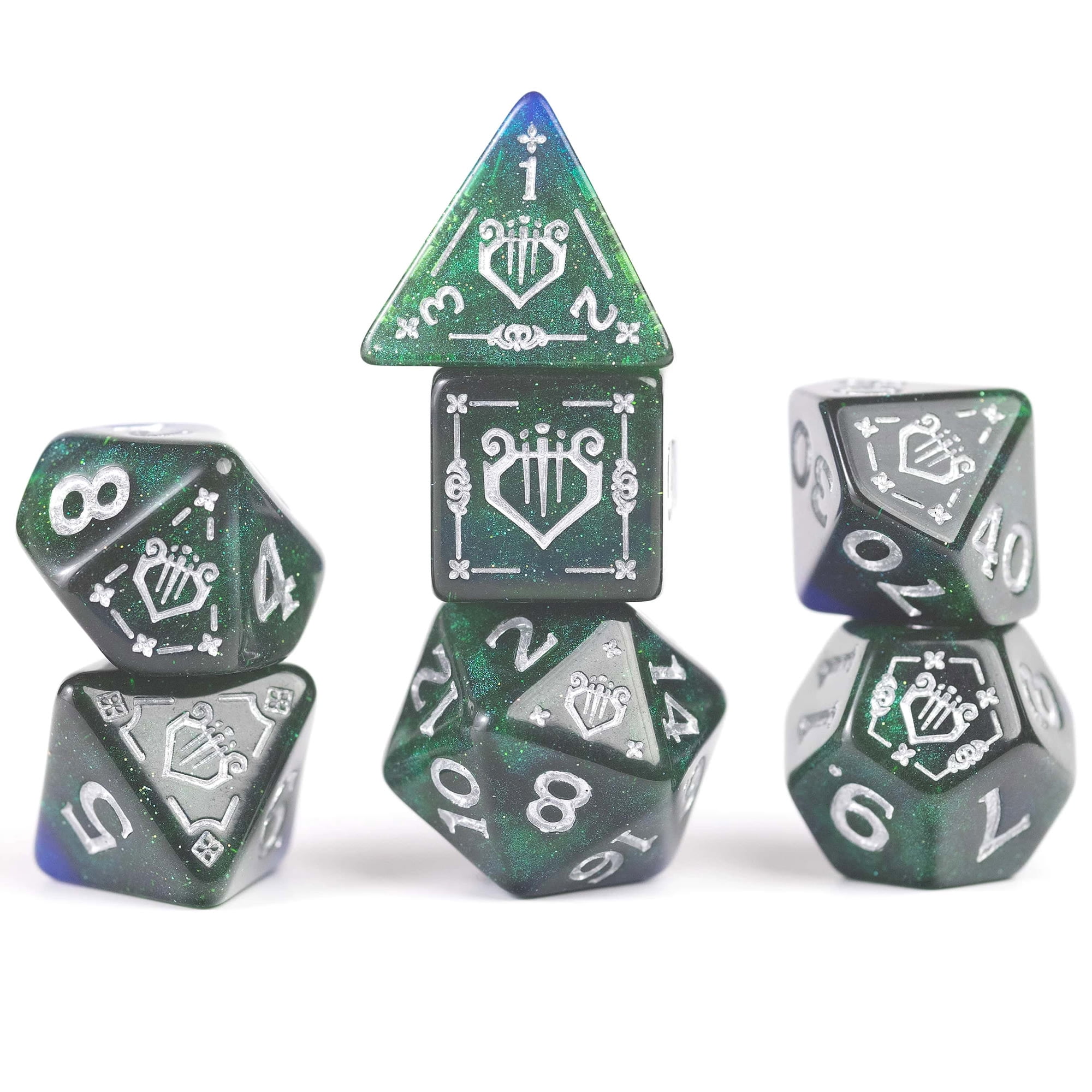 Dungeons & Dragons: D&D Adventure Dice: Bard - Blue & Green -15pc RPG Set, Class Symbols, Roleplaying Game Accessory, Sirius Dice, Officially Licensed