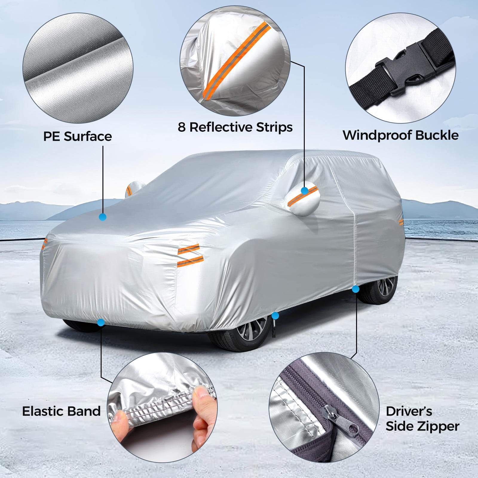 SUV Waterproof Car Covers for Automobiles All Weather Season Rain  Snowproof Sun UV ProtectionOutdoor Full Cover Universal, Fit for 182"To190"SUV,Silver