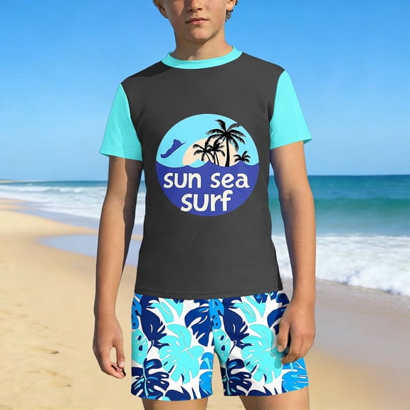 ITSAME Boys Swimwear Set Crewneck Tee and Swim Trunks 2-Piece Quick-Dry Beach Surfing Swimsuit Multicolor Size 3-4
