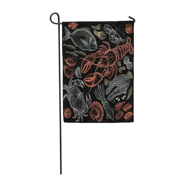 POGLIP Seafood Fish Shrimp Crab Lobster Octopus Mollusks Sushi Color Black Vintage of F Garden Flag Decorative Flag House Banner 12x18 inch