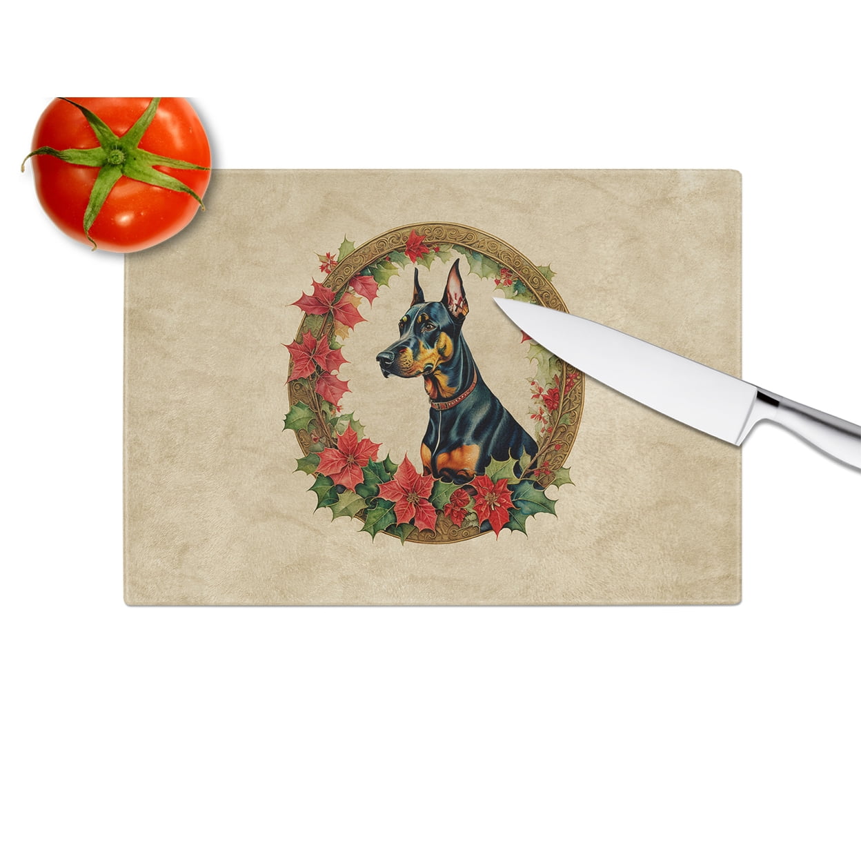 Doberman Pinscher Christmas Flowers Glass Cutting Board 12 in x 15 in