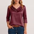 thumbnail image 6 of Dressy Tops for Women 3/4 Sleeve Silk Satin Blouses Business Work T Shirts Loose Fit Solid Color Cowl Neck Spring Summer Outfits 2026 Wine XL, 6 of 7