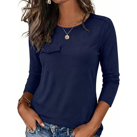 Zeagoo Women's Ribbed Knit Tops Long Sleeve Crew Neck Tees Decorative Pocket Button Shoulder Casual Basic Tee Shirts