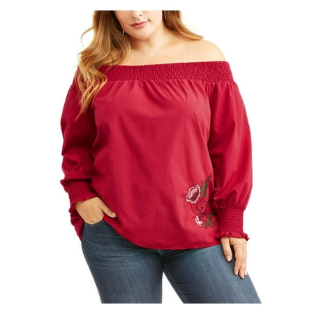 Juniors' Plus Smocked Off Shoulder Poplin Top with Embroidery