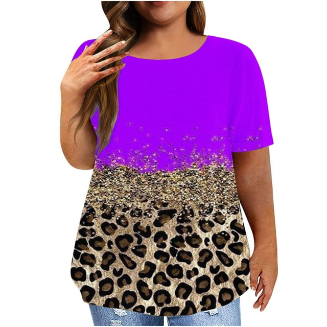 Staron Hauts Grande Taille pour Femmes Tunique d'Été Tendance Imprimé Léopard Manches Courtes Chemises à Paillettes Col Rond Blouse