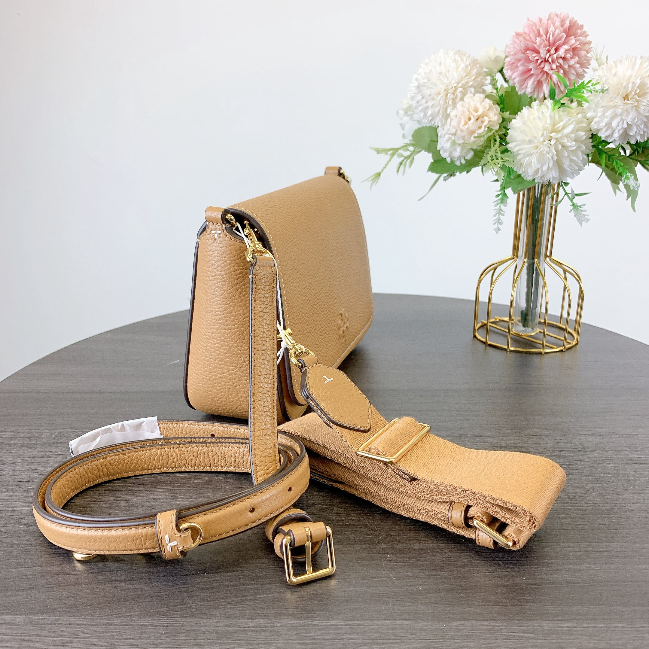 Tory Burch 144688 Thea Pebbled Leather Flap Crossbody Shoulder Bag IN TIRAMISU